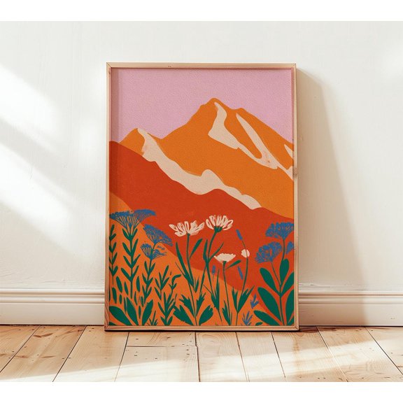 Sunset Mountain Wall Art Bold Minimalist Landscape Poster Modern Botanical Poster Pink And Orange Nature Artwork For Home Decor, Poster Only