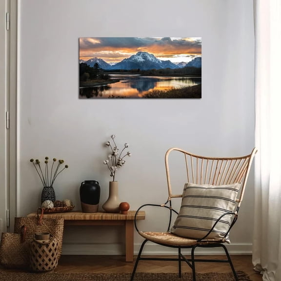 Sunset Mountain Wall Art for Living Room Nature Grand Teton Landscape Canvas Wall Decor National Park Posters Oxbow Bend Snake River Scenery Wyoming Painting Artwork Office Home Decoration 20x40