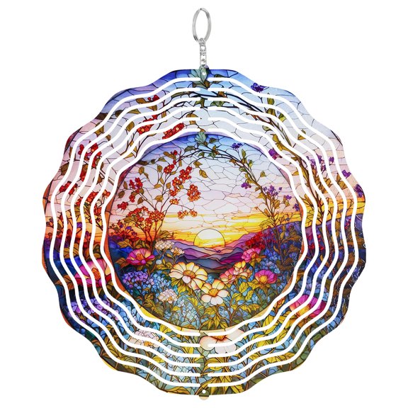 Sunset Mountain Wildflower 3D Wind Spinner, Nature Garden Decor
