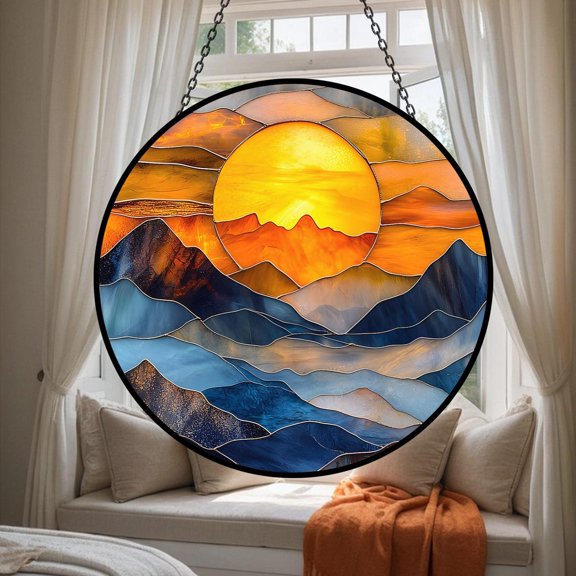 Sunset Mountains Glass Suncatcher, Landscape Window Garden Decoration Golden Hour Keepsake Mountain View, 6.3 in