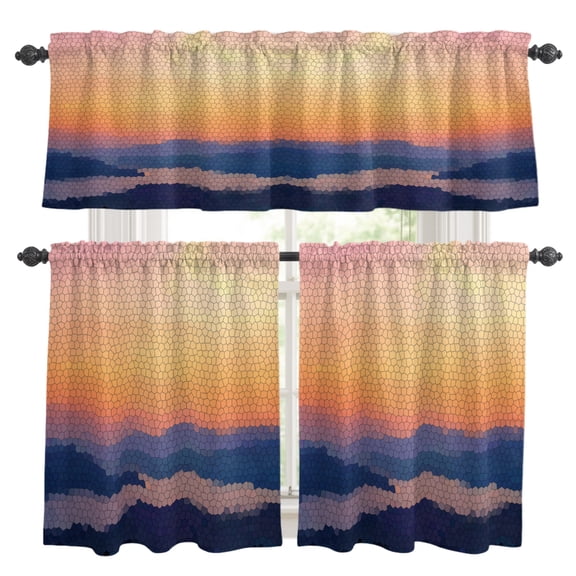 Sunset Mountains Kitchen Curtains Valances 3 Piece Set, Abstract Rustic Orange Blue Landscape Silhouette Rod Pocket Tier Curtain and Valance Drapes for Small Window 24 Inch Length for Bedroom Cafe