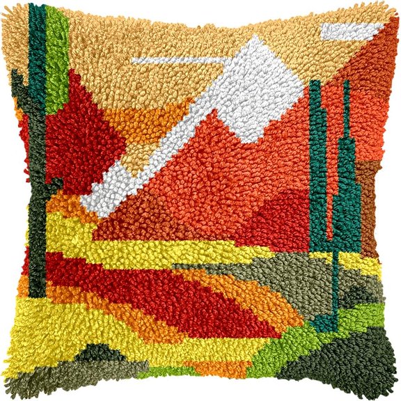 Sunset of Mountains Latch Hook Pillow Kits DIY Pillowcase Crochet Hook Cushion Making Kits with Preprinted Pattern Canvas Instruction Yarns Pillow Cover Easy Starter DIY Kits 43x43cmk9)