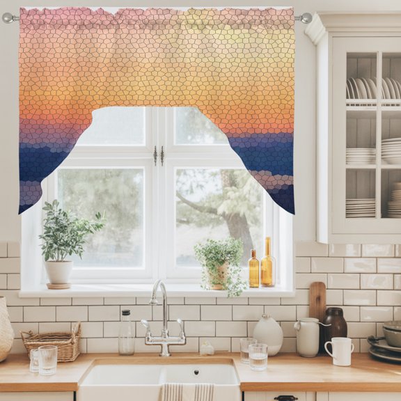 Sunset Mountains Swag Curtain Valance for Windows, Abstract Rustic Orange Blue Landscape Silhouette Swag Curtains Drapes Rod Pocket for Kitchen Bathroom Small Window, 1 Panel 56x36in