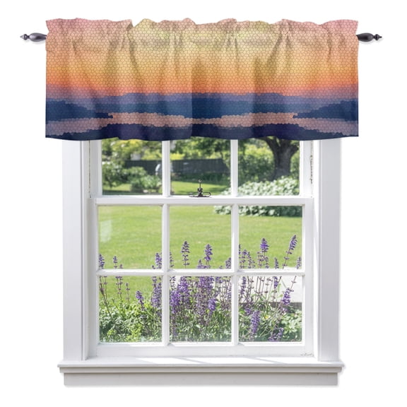 Sunset Mountains Valance Curtain 1 Panel, Abstract Rustic Orange Blue Landscape Silhouette Kitchen Valance with Rod Pocket Window Treatment Short Curtains for Bathroom Bedroom, 42 x 12 Inches