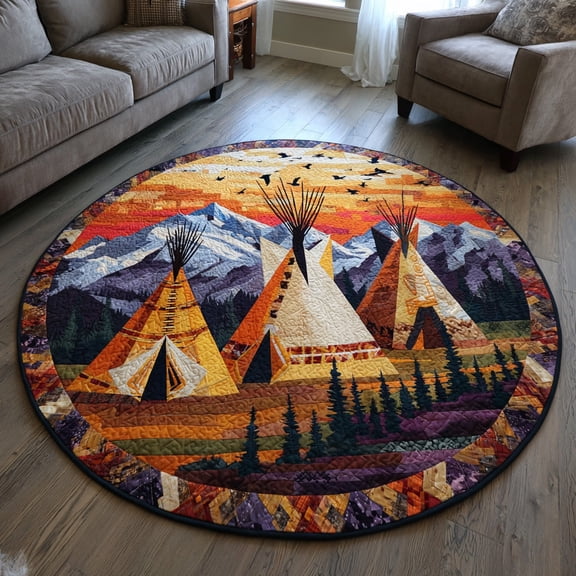 Sunset Native Quilted Round Mat, Native Inspired Sunset Design Round Floor Mat, Southwestern Home Decor Rug, Quilted Area Carpet for Bedroom Living Room