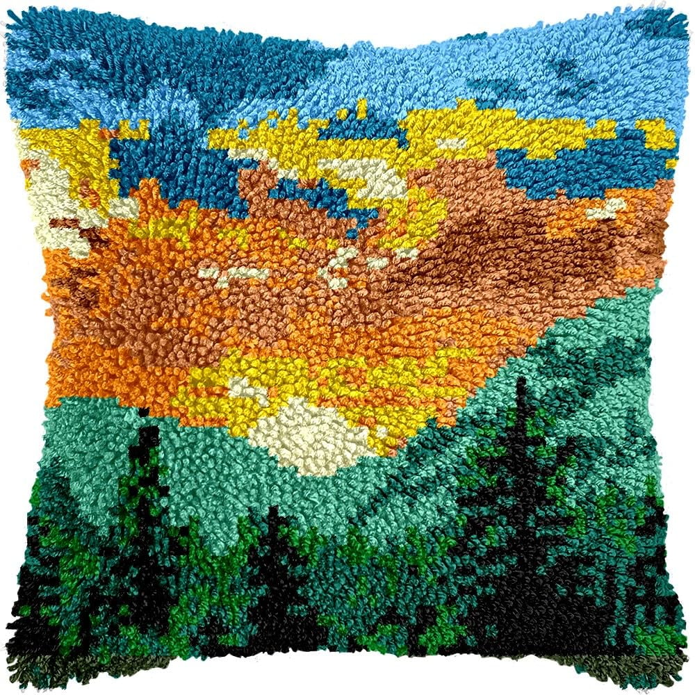 Sunset Natural Scenery Latch Hook Pillow Kits for DIY Handmade Throw Pillow Cushion Embroidery Latch Hooking Pillowcase Kits with Preprinted Canvas Crochet Yarn Kits 17''X 17''(g144)
