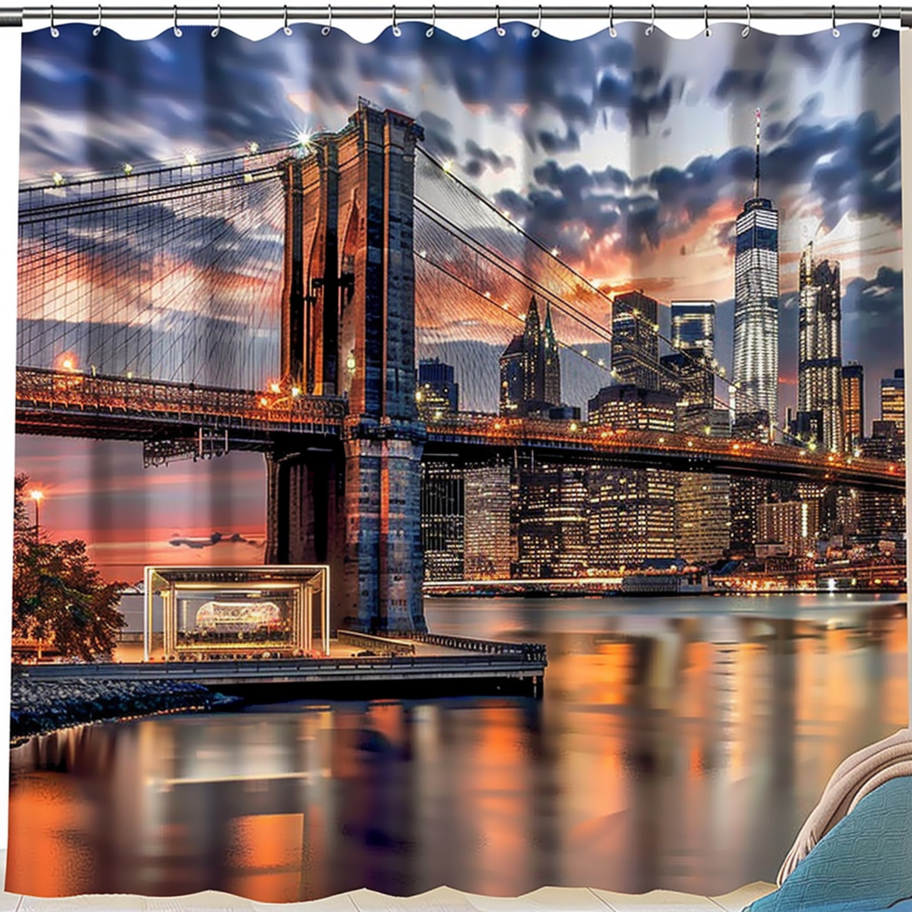 Sunset New York Skyline & Brooklyn Bridge Print Shower Curtain ...