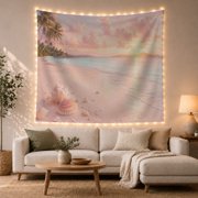Sunset Ocean Beach with Palm Trees and Seashells on Sand, Calming Boho Coastal Art for Beach Lovers, Nature Scene Wall Decor, Housewarming Gift, Tapestry Wall Hanging for Bedroom and Living Room