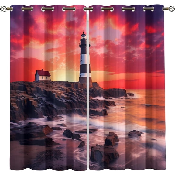 Sunset Ocean Blackout Curtains, Lighthouse Beach Scenery Window Drapes for Bedroom Living Room Kitchen, Thermal Insulated Grommet Curtains 26"W x 45"L (2 Pack)