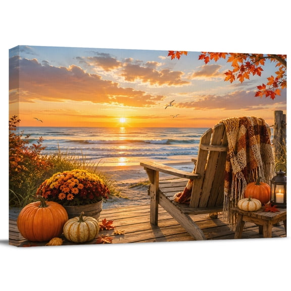 Sunset Ocean Canvas Print Wall Art, Fall Summmer Beach Chair Pumpkin Flower Coastal Wall Decor Modern Artwork Paintings Pictures for Living Room Stretched and Framed Ready to Hang - 12" x 16"