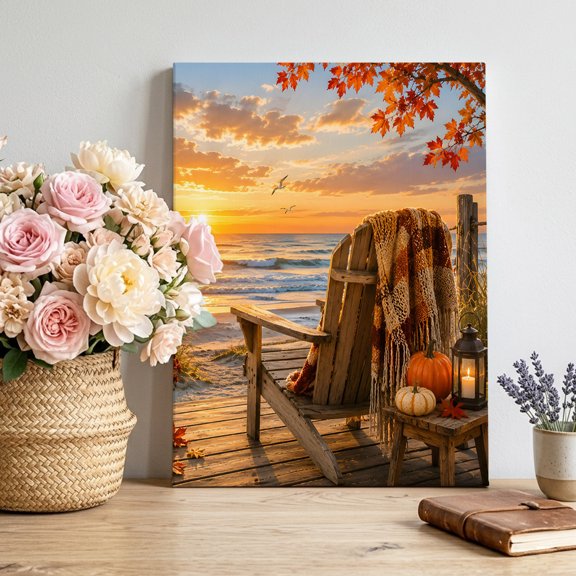 Sunset Ocean Canvas Wall Art for Living Room, Fall Summmer Beach Chair Pumpkin Flower Coastal Poster Print Painting for Bedroom Office Home Decoration Wall Pictures Prepare To Hang 8"x10"