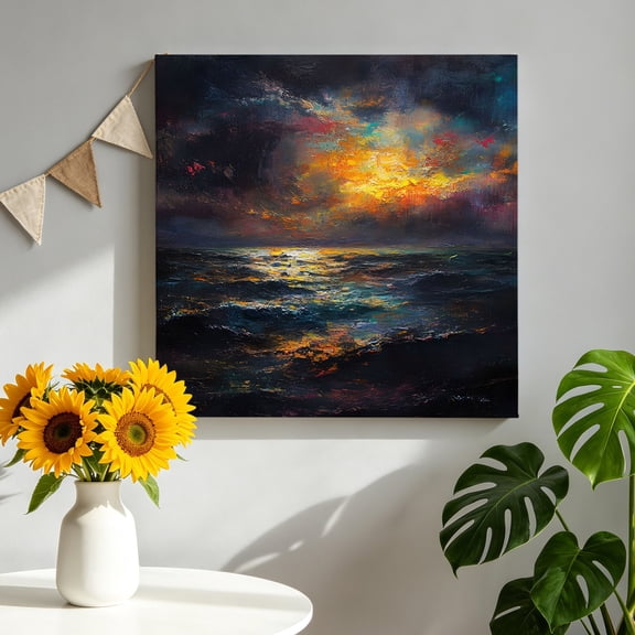 Sunset Ocean Canvas Wall Art, Modern Dramatic Colored Clouds Sea Framed Canvas Wall Decor Picture Print Artwork Decorations for Living Room Office Ready to Hang 8" x 8"