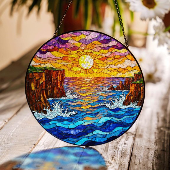 Sunset Ocean Cliffs Glass Suncatcher, Coastal Window Art, Sea Lover Home Decor, 3.5 in