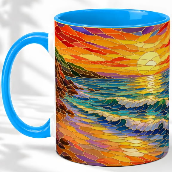 Sunset Ocean Coffee Mug, Stained Glass Wave Art, Coastal Daily Tea Sips