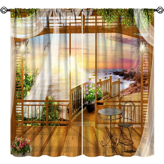 Sunset Ocean Curtains, Ocean Scene Beach View Sea Wave Summer Tropical Seaside Scenery Thermal Insulation Blackout Window Treatments for Bedroom Cafe, 84" W X 84" L