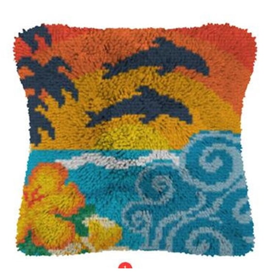 Sunset Ocean Dolphin Palm Tree Latch Hook Kit, DIY Tropical Beach Cushion Cover Craft
