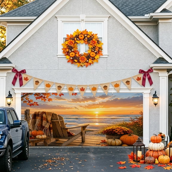 Sunset Ocean Garage Door Banner Covers, Fall Summmer Beach Chair Pumpkin Flower Coastal Large Hanging Indoor/Outdoor Backdrop Background for Christmas Winter Party Decor, 6.9x16ft