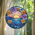 thumbnail image 1 of Sunset Ocean Glass Suncatcher, Round Floral Window Panel, Coastal Beach Art, 7.9 in, 1 of 3