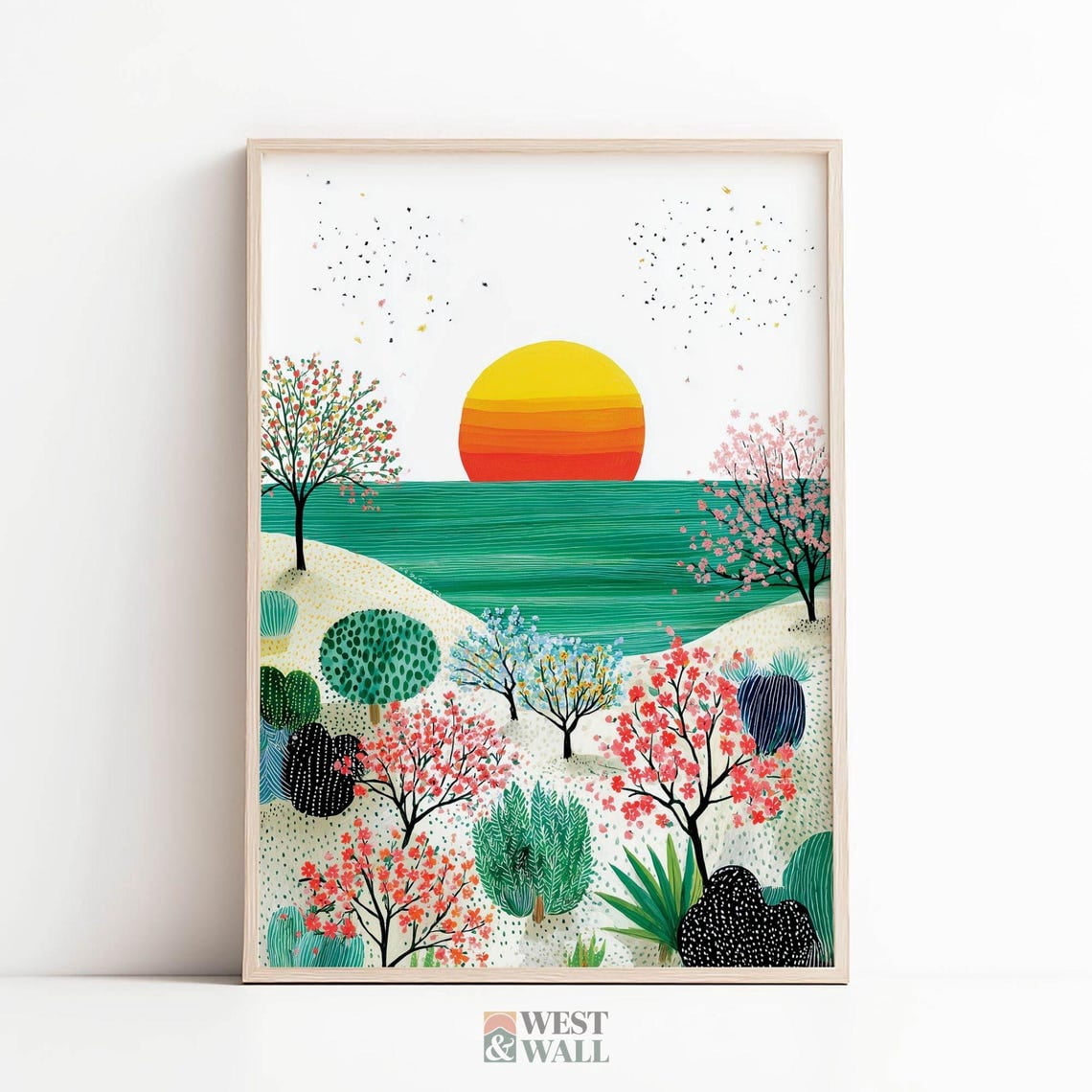 Sunset Ocean Landscape Coastal Beach Flowering Trees Poster - Walmart.com