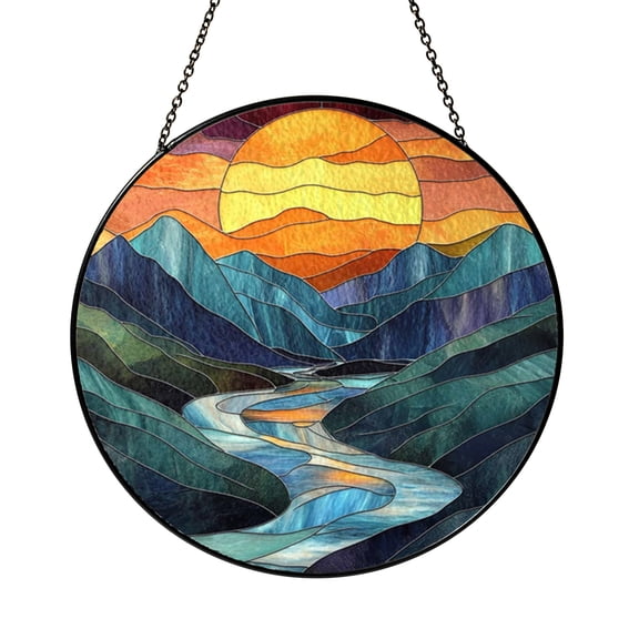 Sunset Ocean Landscape Window Hanging Decor, Stained Glass Style Fantasy Suncatcher, Decorative Glass Panel for Windows