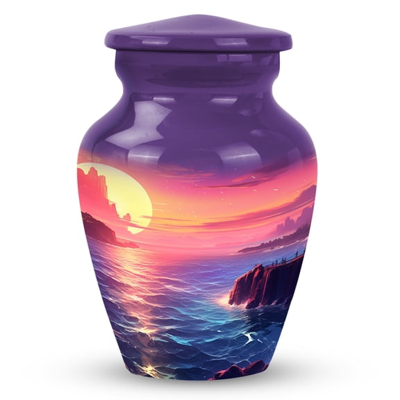 Sunset Over The Ocean With Rocks And Mountains - Memorial Urns For Human Ashes Keepsake - 3 Inch - Pack Of 1 - Urn Keepsake Human Ashes - Small Keepsake Urns - Metal Urn - Adult Cremation Urns