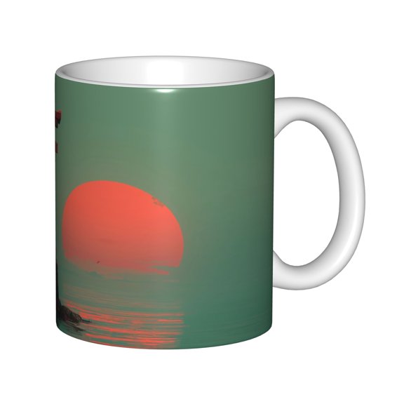 Sunset Ocean View Ceramic Coffee Mug 11oz, Sun Rising Sea Landscape White Porcelain Tea Cup for Home Office, Nature Lover Gift