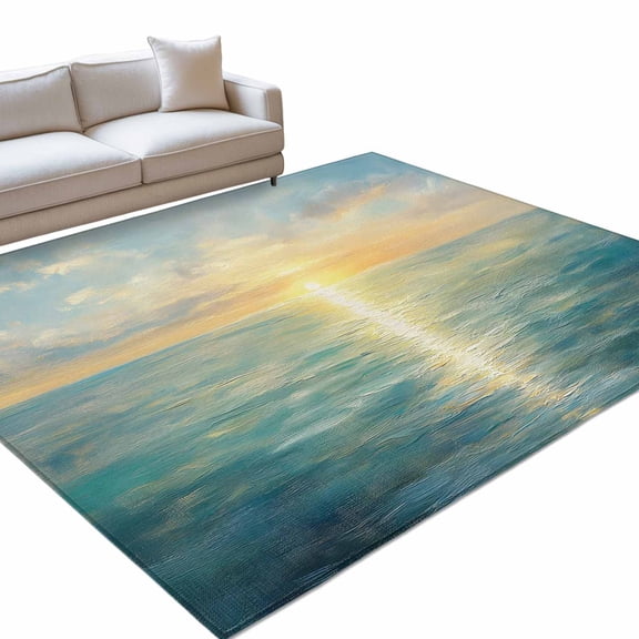 Sunset Ocean Washable Rug 5x7 Area Rug for Living Room Bedroom Non Slip Indoor Floor Rectangle Carpet Soft Low Pile Large Natural Abstract Sea Oil Painting Art Entryway Rugs for Dining Room Office