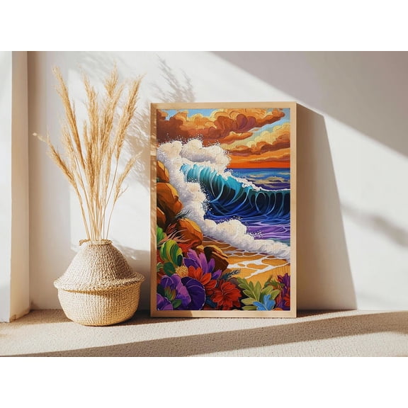 Sunset Ocean Wave Beach House Wall Art Unframed Paper Print