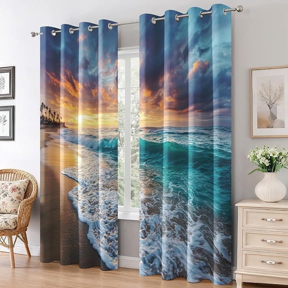 Sunset Ocean Wave Blackout Curtains – Coastal Beach Seaside Decor, Thermal Insulated Grommet Drapes for Living Room Bedroom 53"W x 63"L (Pack of 2)