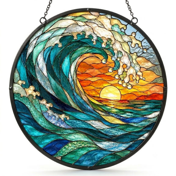 Sunset Ocean Wave Stained Glass Suncatcher, Round Sea Wave with Sun Window Hanging Panel, Coastal Beach Home Wall Art Decor Ornament