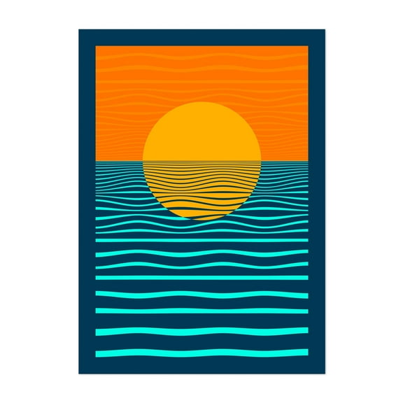 Sunset Ocean Waves - Illustration Abstract Sunset Waves Ocean Minimalist Geometric Modern Art Unframed Wall Art Print 6 x 8 inches