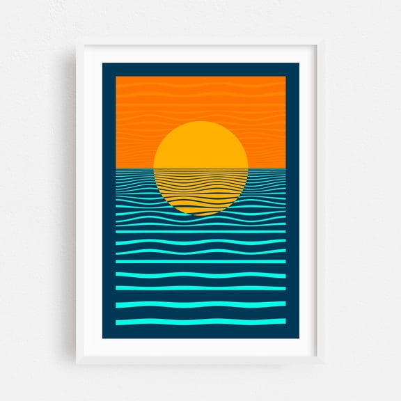 Sunset Ocean Waves - Illustration Abstract Sunset Waves Ocean Minimalist Geometric Modern Art White Framed Wall Art Print 5 x 7 inches