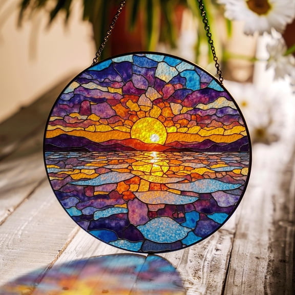 Sunset Ocean Waves Stained Glass Suncatcher, Relaxing Coastal Window Decor, Mother’s Day Gift Idea