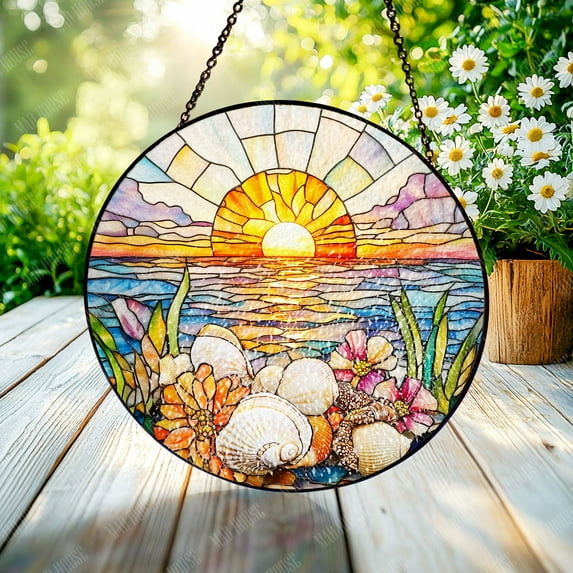 Sunset Ocean Window Hanging Glass, Stained Glass Car Decoration, Gift for Dad or Mom, Handmade Sun Catcher, Beach-Themed Home Decor, Nature Lover Gift Idea, Christmas or Birthday Present