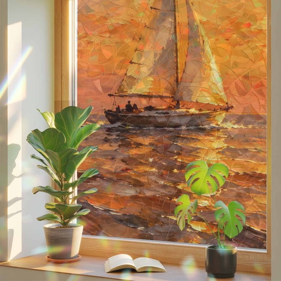 Sunset Ocean Window Privacy Film, Summer Golden Hour Sailboat Sunset ...