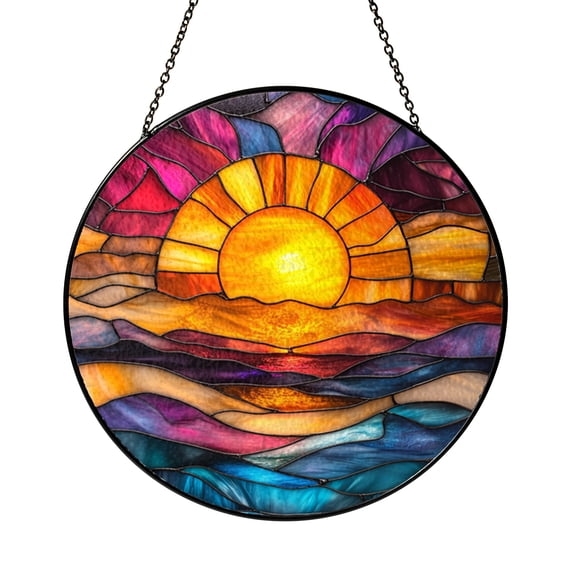 Sunset Ocean Window Suncatcher, Faux Glass Panel with Gem Detail for Beach Homes and Gift Ideas