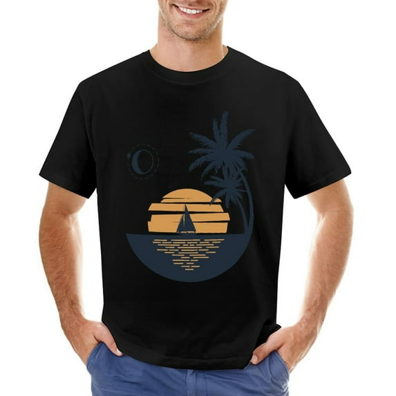 Sunset On Beach Men’s T-Shirt 100% Cotton Casual Short Sleeve Tops Gift Tee Black S