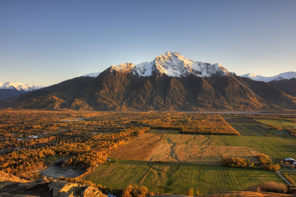 Sunset On Pioneer Peak And Farm Fields Near Palmer Southcentral Alaska During Autumn Hdr Image Canvas Art - Michael Criss Design Pics (17 x 11)