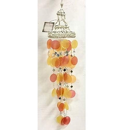 Sunset Orange Capiz Seashell Wind Chime With Mirror Tiles New