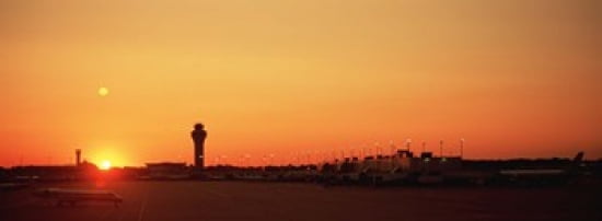 Sunset Over An Airport OHare International Airport Chicago Illinois USA Canvas Art - Panoramic Images (36 x 13)