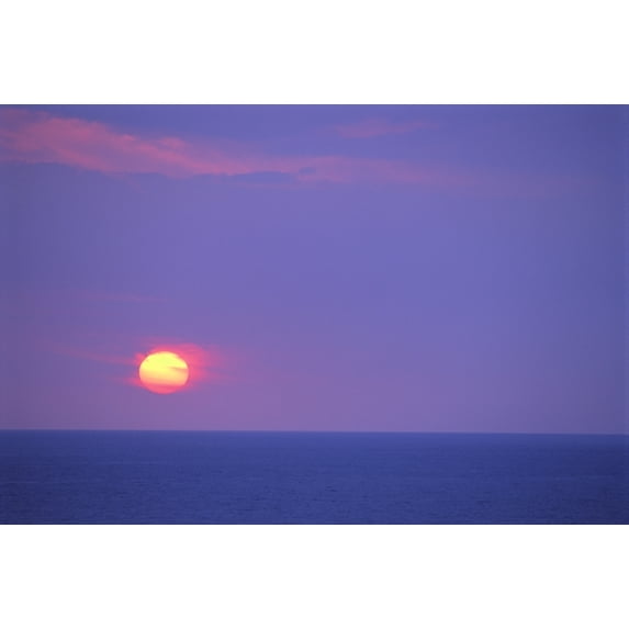 Sunset Over Calm Ocean Sun Ball In Purple Sky Vog Horizon A29G Poster Print