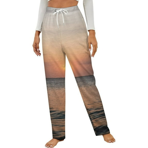 Sunset Over Calm Sea Winter Female Pants Flannel High Waist Women Pants Lady Warm Straight Leg Plush Trousers