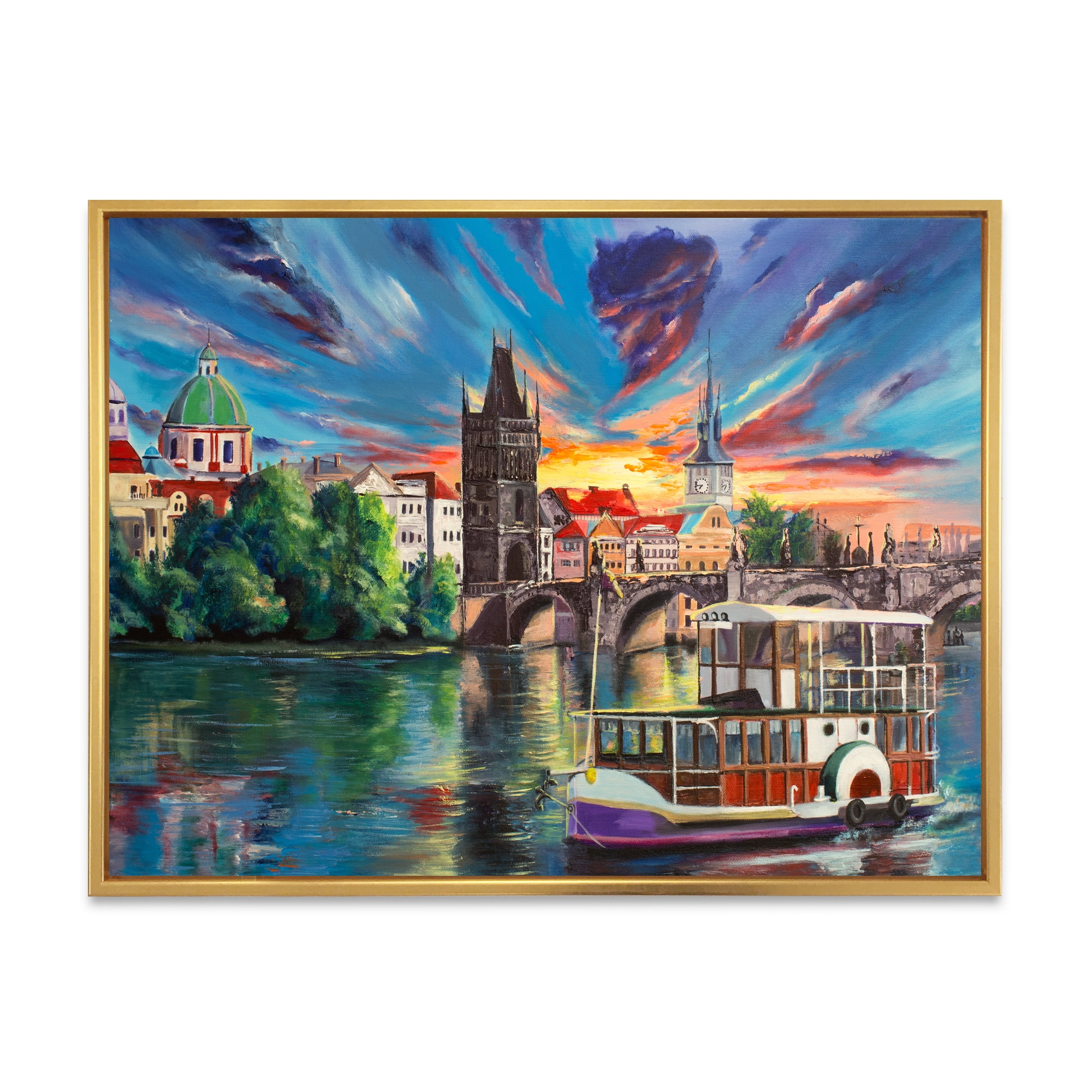 Sunset Over City view Of Prague 32 in x 16 in Framed Painting Canvas Art Print, by Designart