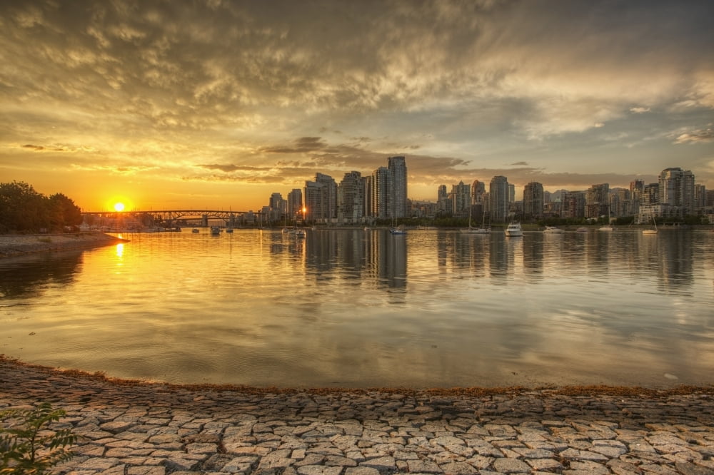 Sunset Over False Creek And City SkylineVancouver British Columbia Canada Canvas Art - Robert Postma Design Pics (38 x 24)