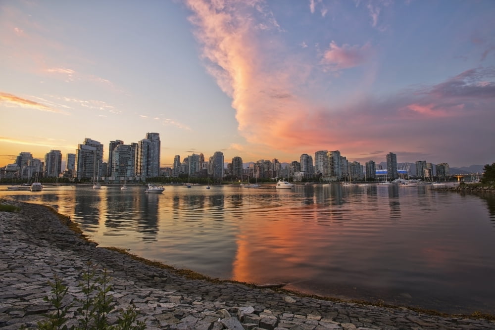 Sunset Over False Creek And City SkylineVancouver British Columbia Canada Canvas Art - Robert Postma Design Pics (38 x 24)