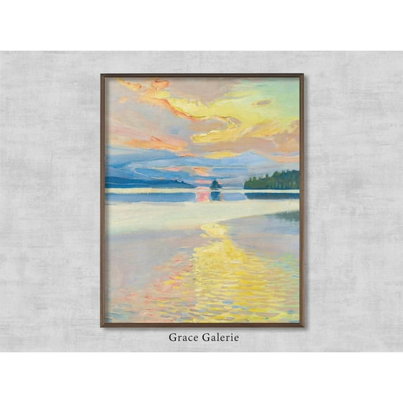Sunset Over Lake Ruovesi, Vintage, Antique Wall Deco, Home Decor #2187, 8x12 UNFRAMED