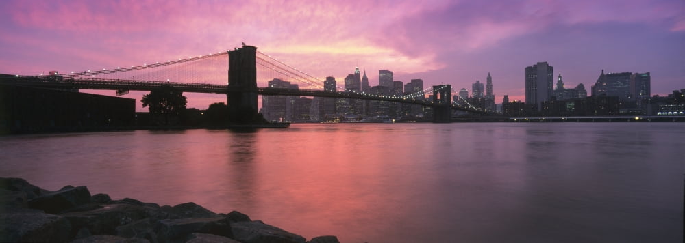 Sunset Over Lower Manhattan And Brooklyn Bridge Canvas Art - Marc Jackson Design Pics (36 x 12)