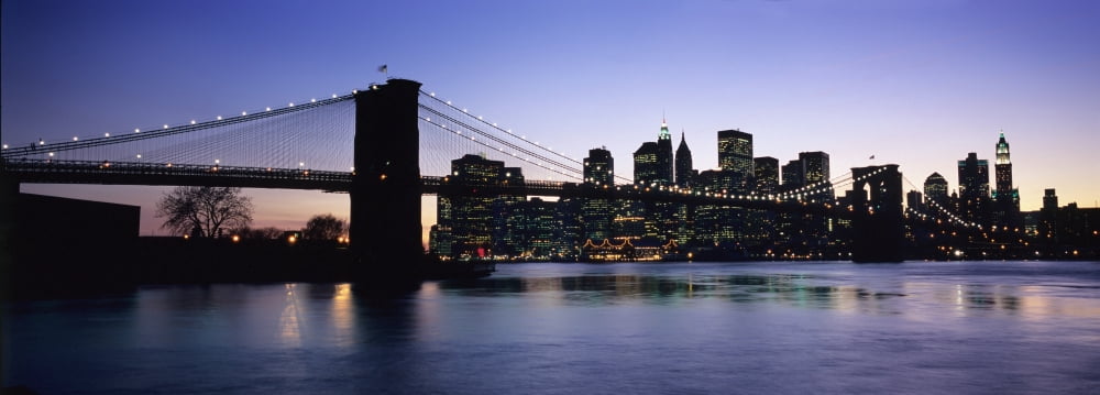 Sunset Over Lower Manhattan And Brooklyn Bridge Canvas Art - Marc Jackson Design Pics (36 x 12)