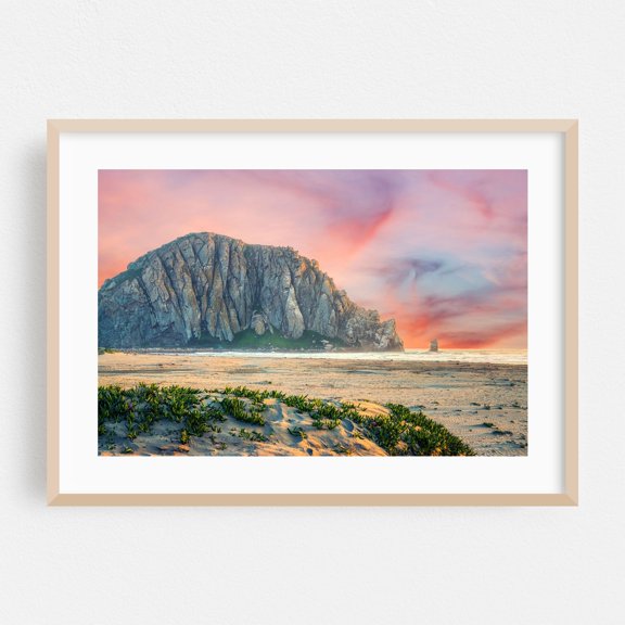 Sunset Over Morro Rock - Morro Bay California Photography Beach Coastal Sunset Nature Ocean Landscape Scenic Oak Framed Wall Art Print 5 x 7 inches