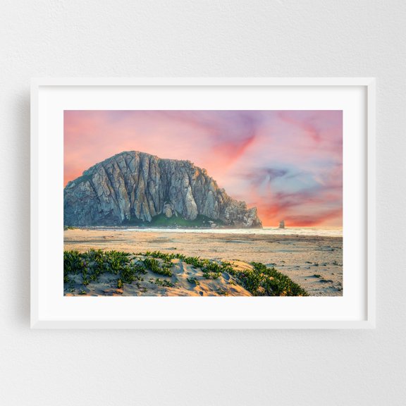 Sunset Over Morro Rock - Morro Bay California Photography Beach Coastal Sunset Nature Ocean Landscape Scenic White Framed Wall Art Print 5 x 7 inches